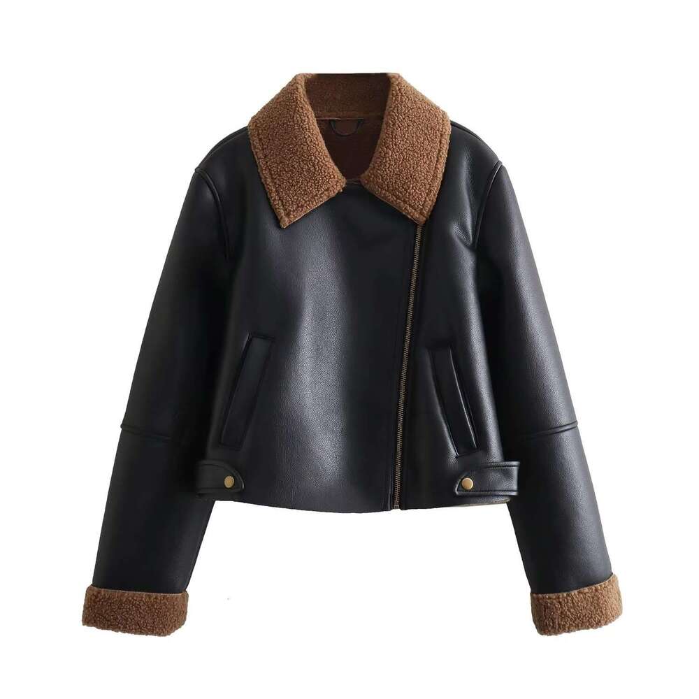 shanshi leather jacket women Women's Autumn New Collection Flip Collar Short and Velvet Motorcycle Leather Jacket