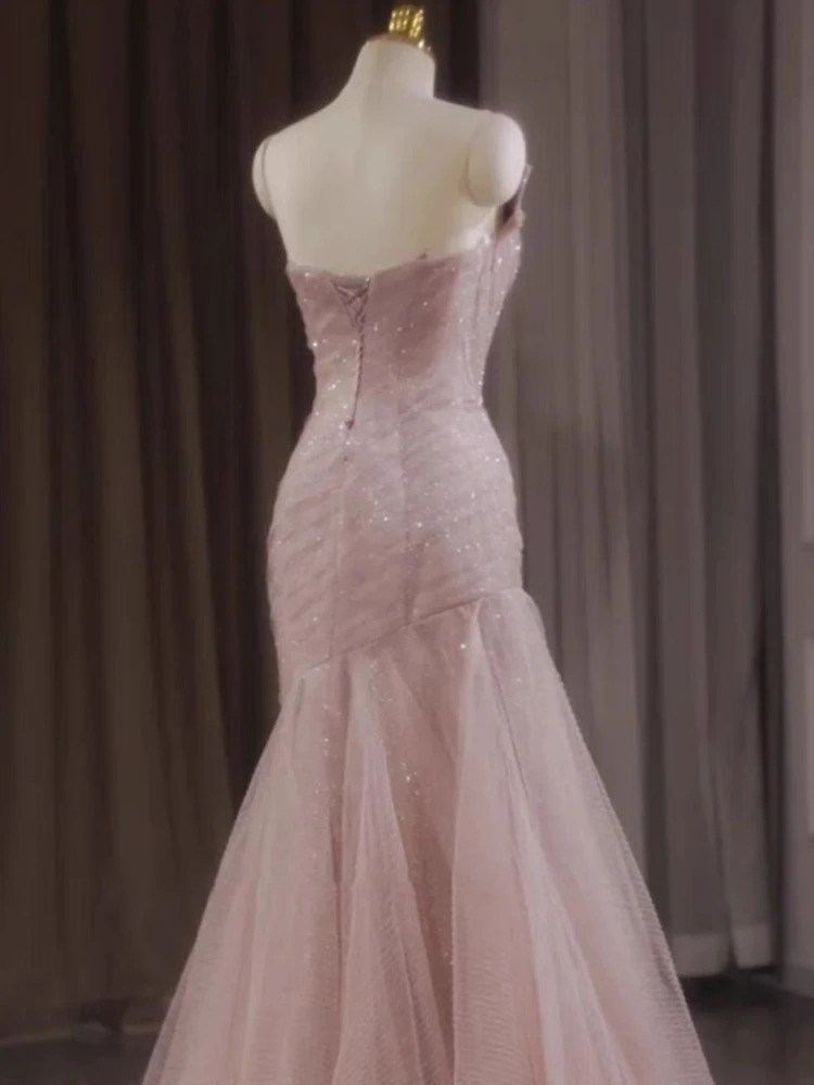 Rose Pink Mermaid Evening Dresses Pleat Asymmetry Chain Shiny Sequined Long Slim Fairy French Celebrity Prom Party Gowns Woman 240401
