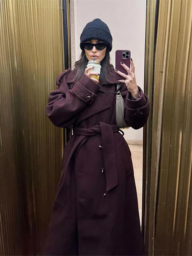 Elegant Burgundy red wool blend long coat with waistband fashionable lapel long sleeved coat autumn and winter office streetwear 241111