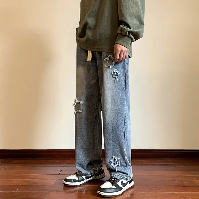 Mens Star Embroidered Ripped Baggy Jeans High Street Straight Denim Pants Autumn Hip Hop Fashion Y2K Vintage Jean Trousers 241111