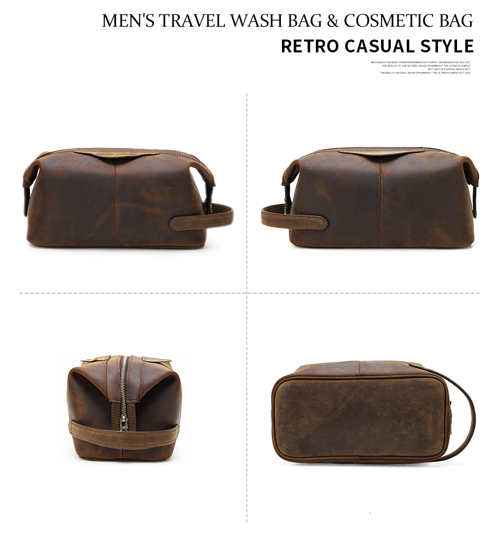 Contact's Men Hanging Cosmetic Bag Crazy Horse Leather Travel Makeup Case Zipper Organizer Storage Pouch Vintage Toiletry Bags Leather