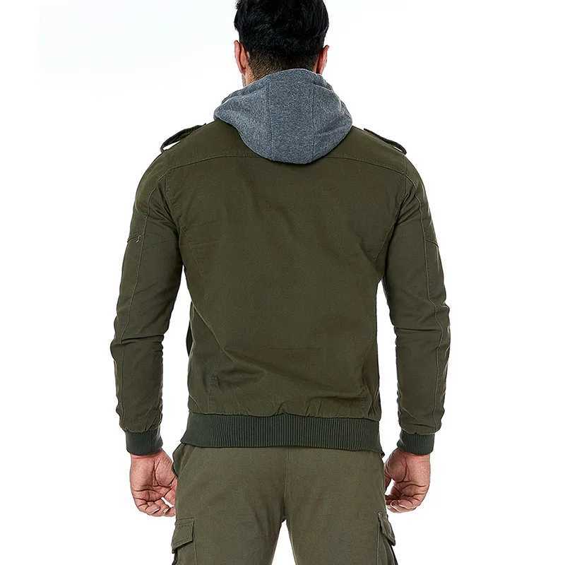 Mens autumn cotton jacket with detachable cover casual tactical jacket outdoor work cargo hooded bomber jacket US size W241111