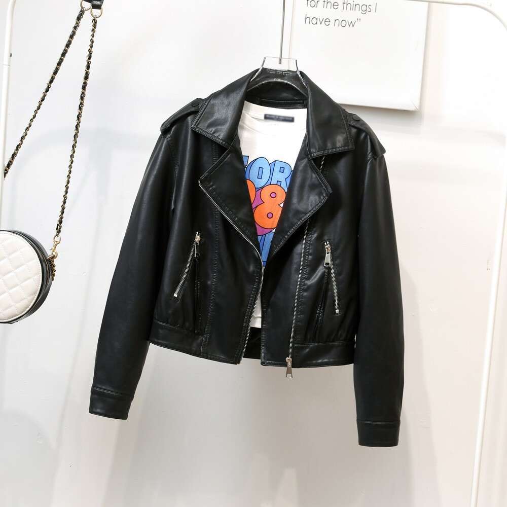 shanshi leather jacket women European style flip collar PU versatile for women's autumn motorcycle short leather jacket fashion