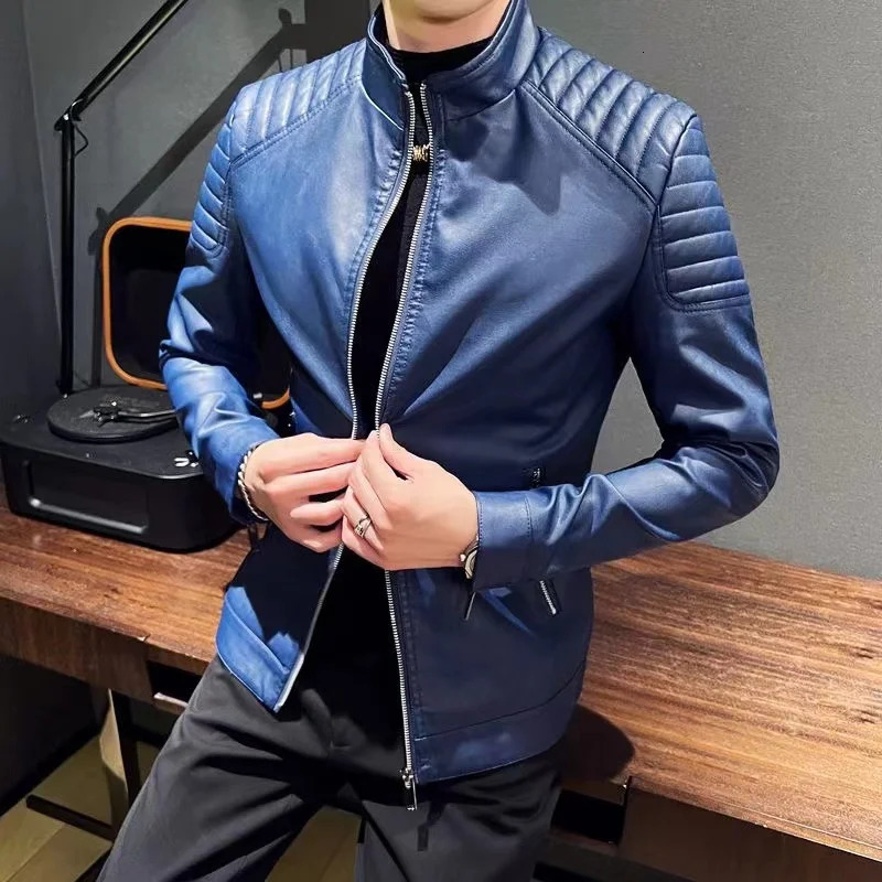 Spring Men Solid Color Fashion Long Sleeve Faux Leather Coats Male Stand Collar Jacket 241108