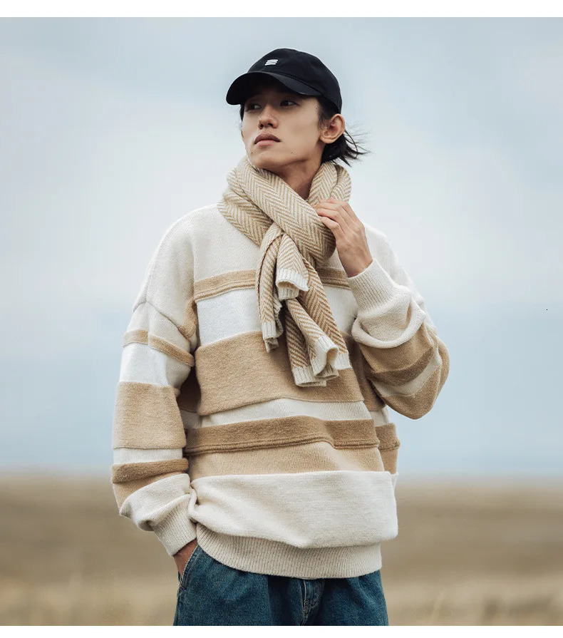 Colorblocking Striped Sweater Mens Autumn Winter Couple Loose Round Neck Bottom Knit Soft Warm 241111