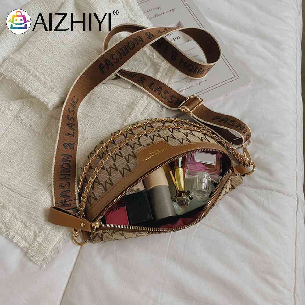Vintage Shoulder Bag Printed Letter Women Saddle Waist Bag Canvas Phone Pouch Chains Ladies Wide Strap for Travel Work Hot-sale