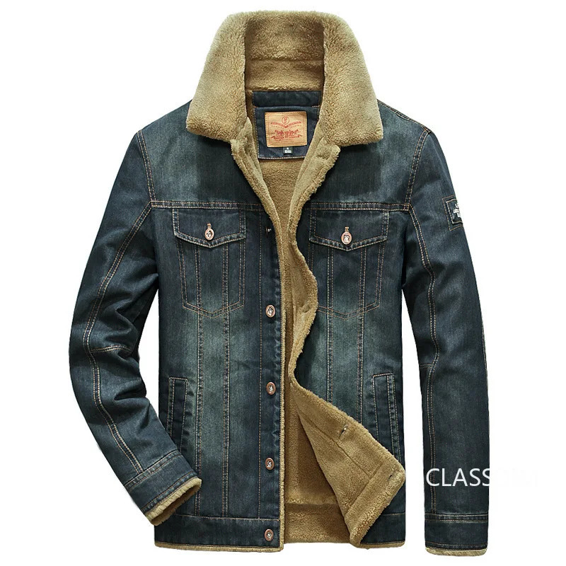 Mens denim jacket winter coat wool warm denim jacket high-quality mens casual blue denim jacket fashion jeans Coats 5XL 241108