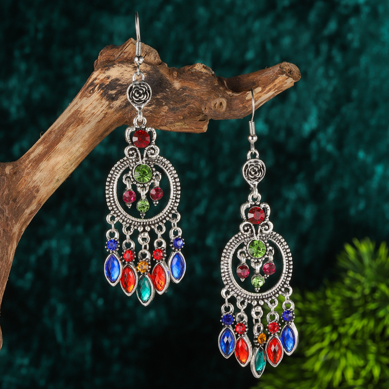 Bohemian Vintage Round Water Drop Tassel Dangle Earrings for Women Ethnic Long Rhinestone Hollow Hanging Earrings Party Jewelry