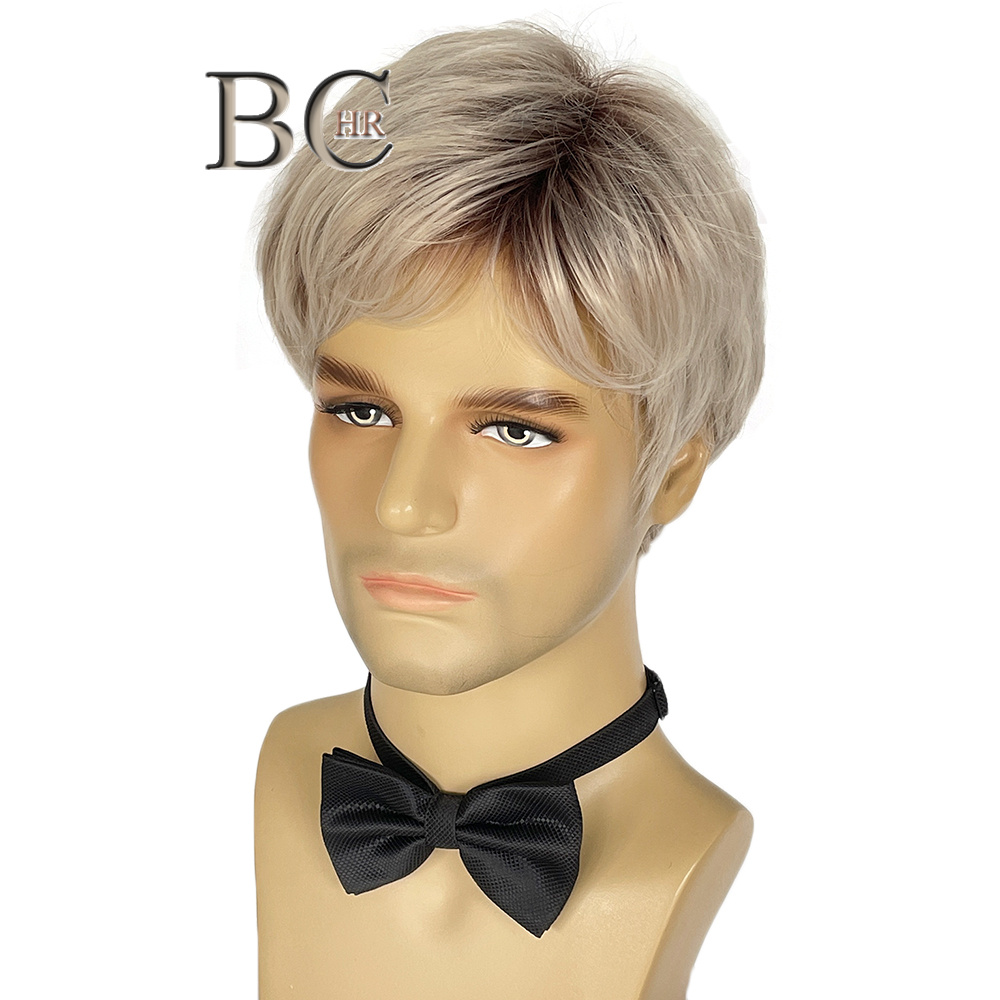 BCHR Short Men Blonde Wigs Synthetic Natural Straight Ombre Brown Roots Side Part Hairline Bangs Male Wig