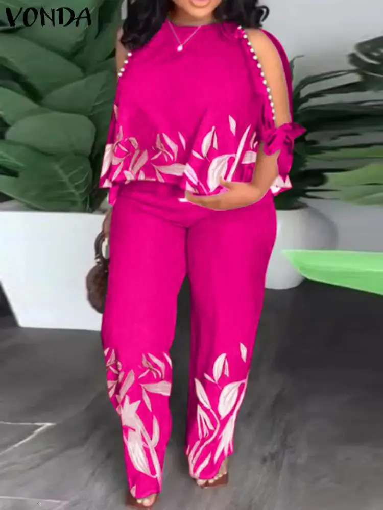 2024 VONDA Women Fashion Pant Sets Summer Cold Shoulder Casual Loose 34 Sleeve Tops Long Pants Vintage Printed Bohemian 241108