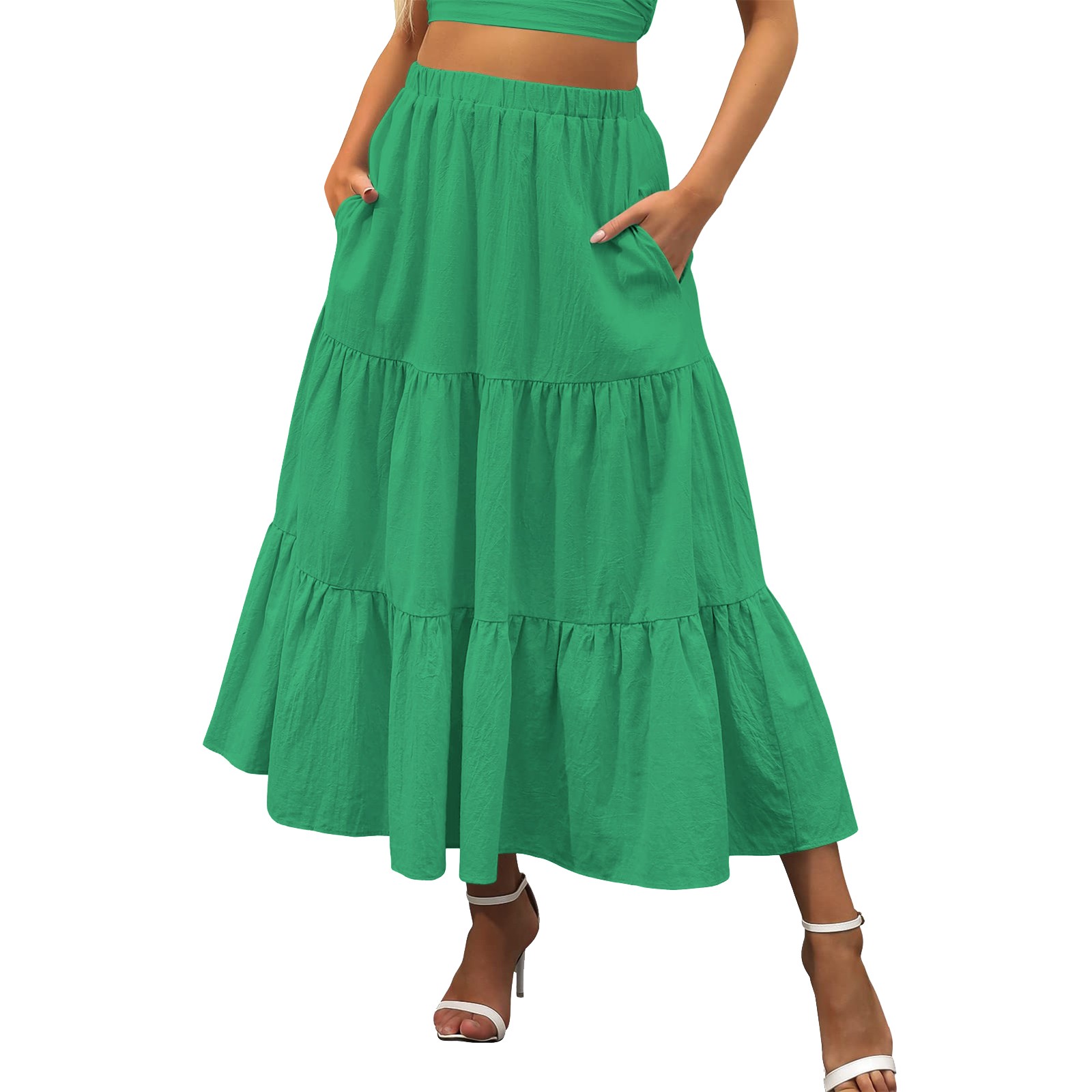 Summer Boho Long Skirts Women Elastic Waist A Line Flowy Swing Tiered Maxi Skirts Beach Ruffle A-Line Skirt With Pockets Faldas