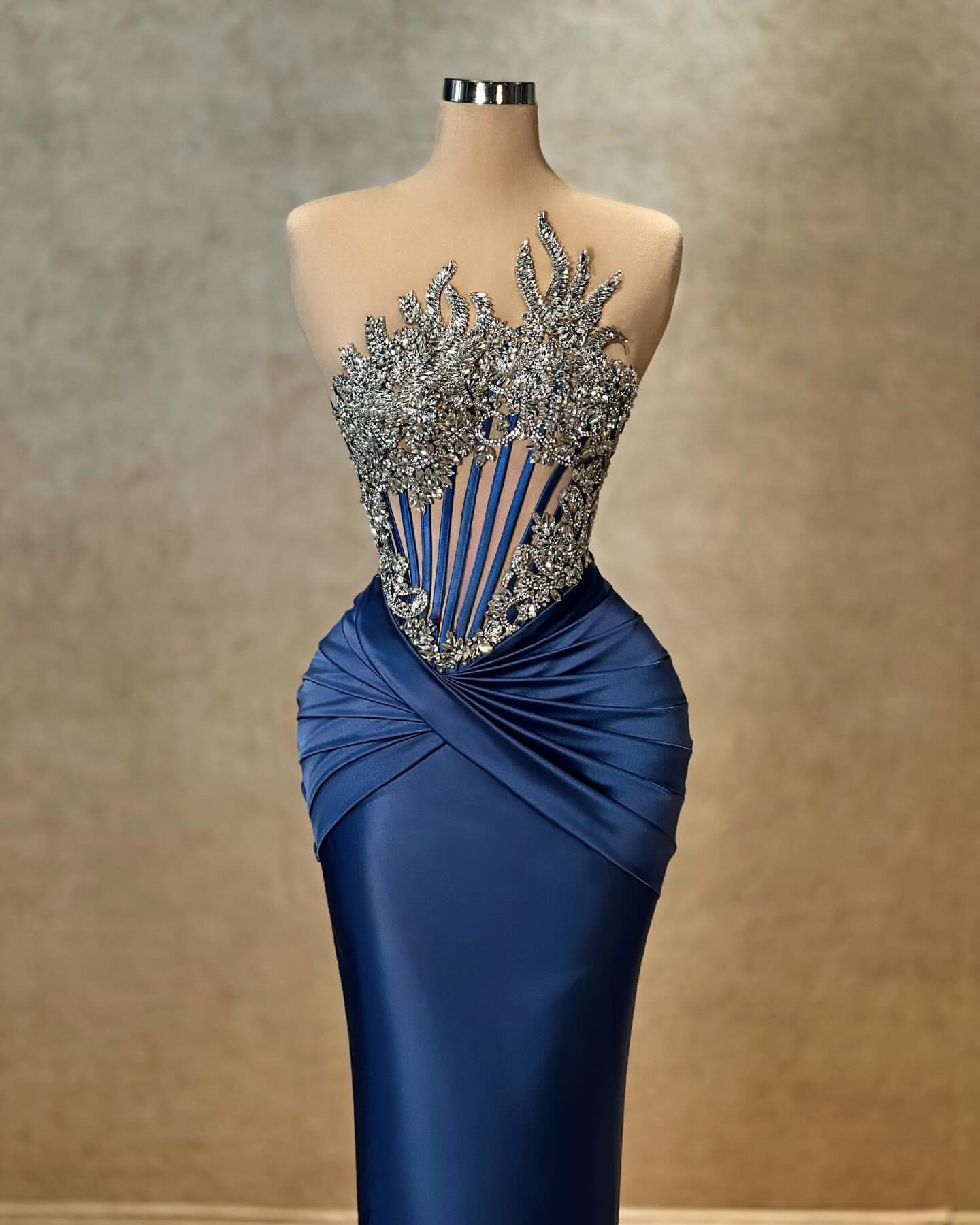 Navy Blue Mermaid Evening Elegant Illusion Bodice Prom Dress Pleats Beaded Strapless Custom Made Formal Dresses For Women 6660311