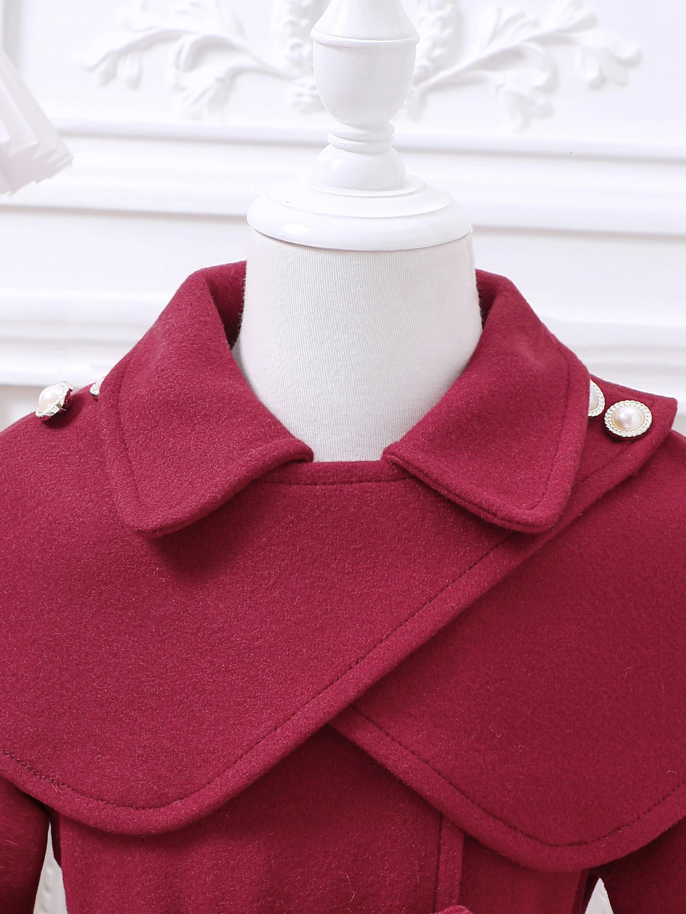 Girls Autumn/Winter Fashion Lace Up Cloak Flip Collar Red Fleece Coat 241111