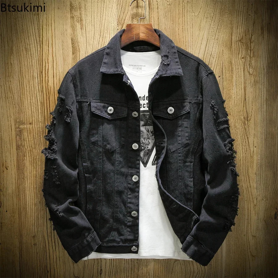 2024 Mens Fashion Jeans Jacket Solid Spring Autumn Cotton Denim Men Red White Black Pink Ripped Hole Jean Coats Male 241111