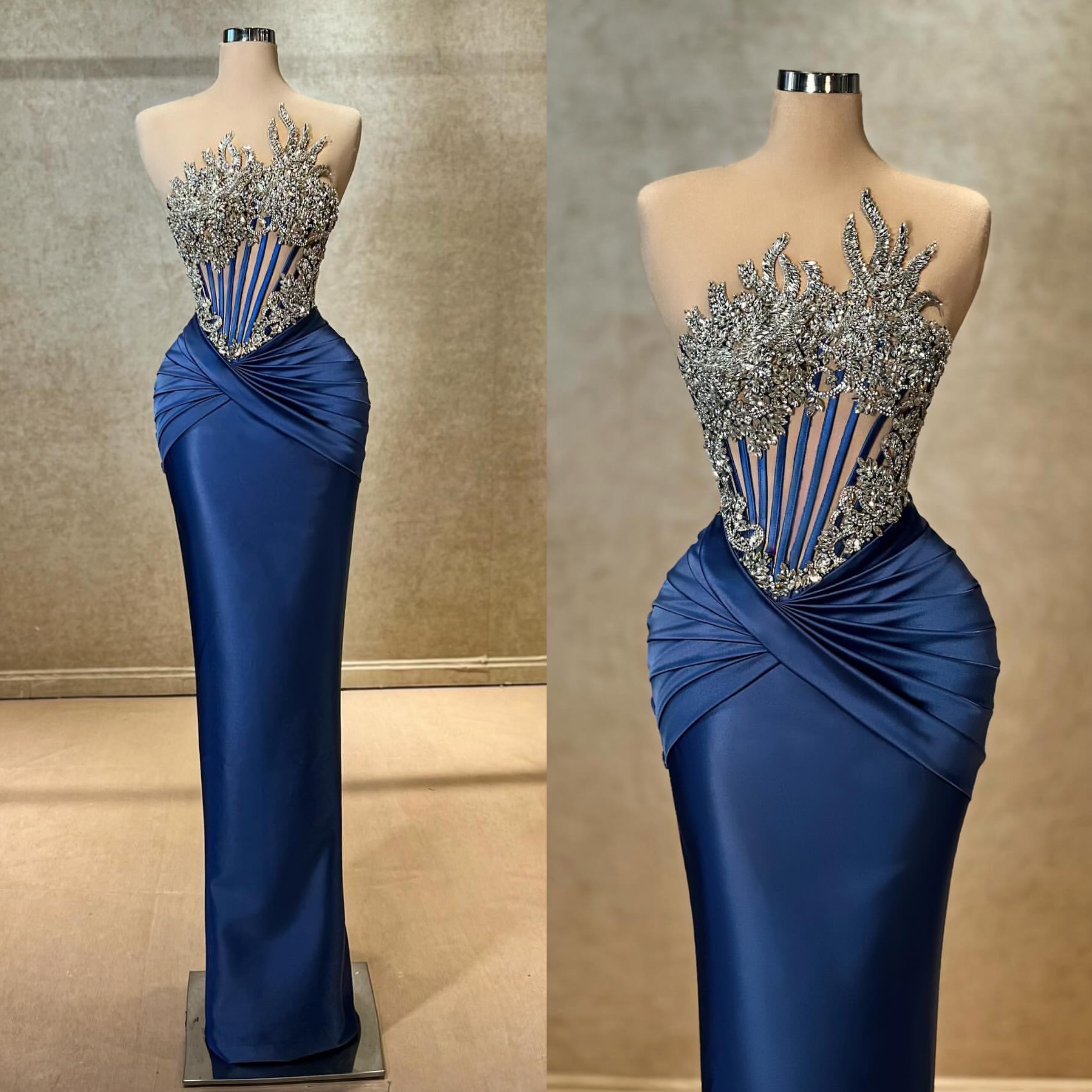 Navy Blue Mermaid Evening Elegant Illusion Bodice Prom Dress Pleats Beaded Strapless Custom Made Formal Dresses For Women 6660311