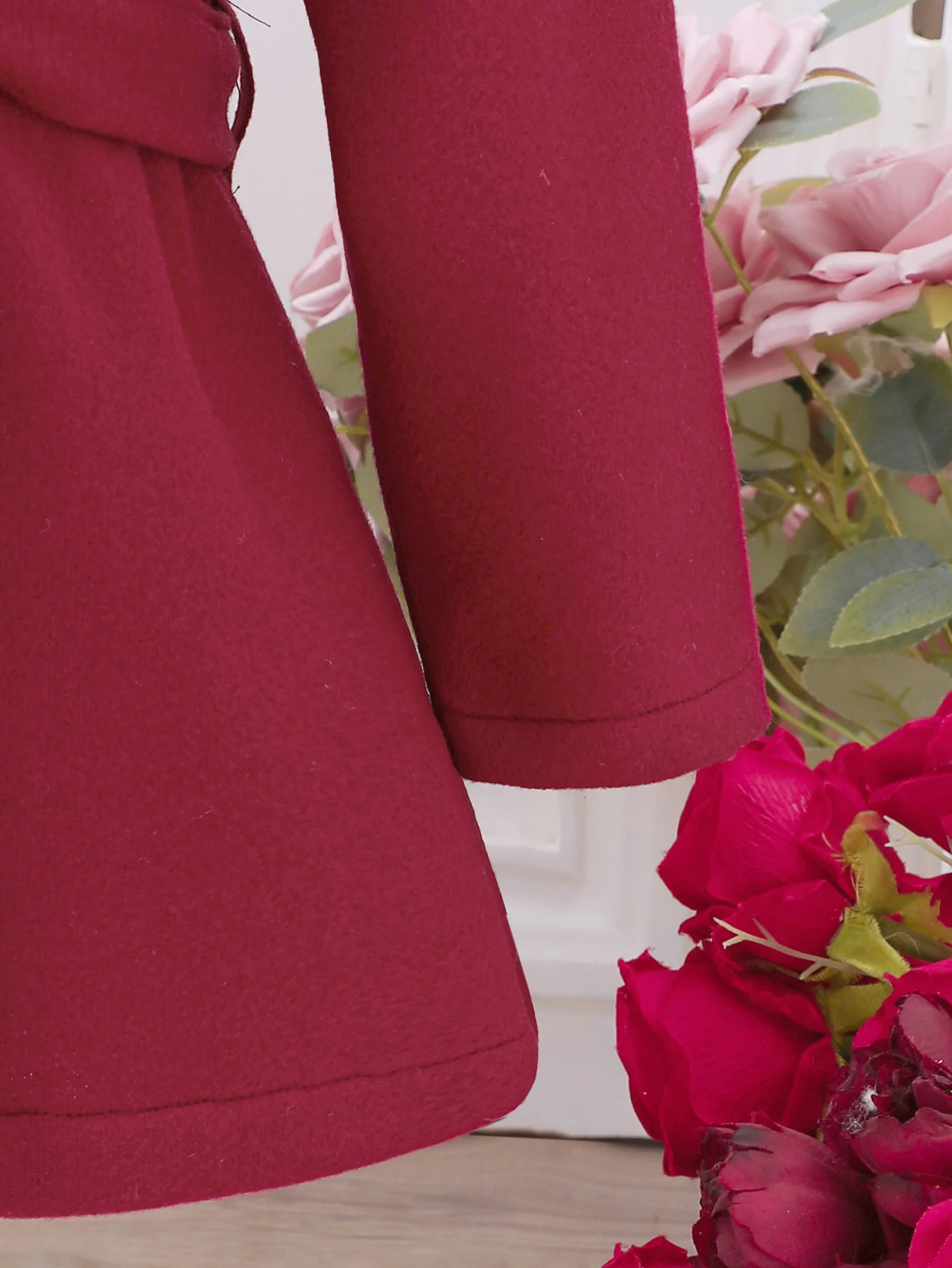 Girls Autumn/Winter Fashion Lace Up Cloak Flip Collar Red Fleece Coat 241111