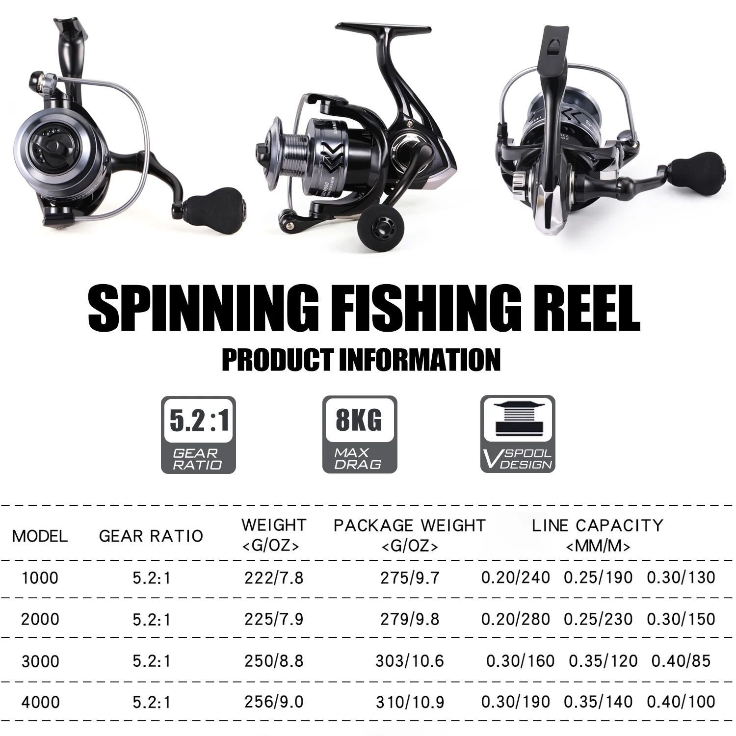 Sougayilang Spinning Fishing Reel 5.2:1 Gear Ratio Aluminum Spool with EVA Handle Max Drag 8kg for Carp Fishing Bass Fishing