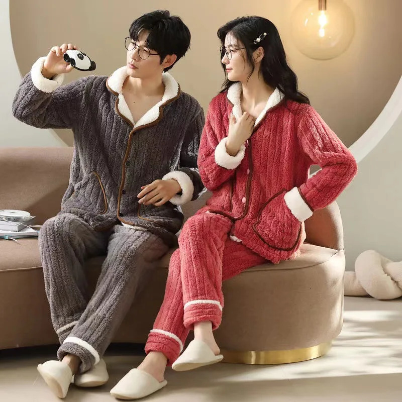 Both Men Women Pyjamas Winter Coral Velvet Thickened Fleece Long Sleeve Trousers Flannel Twopiece Set Cosy Thermal Pajamas 241111