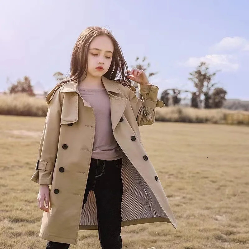 4-12 Years Teen Girls Long Trench Coats Fashion England Style Windbreaker Jacket For Girls Spring Autumn Childrens Clothing 241111