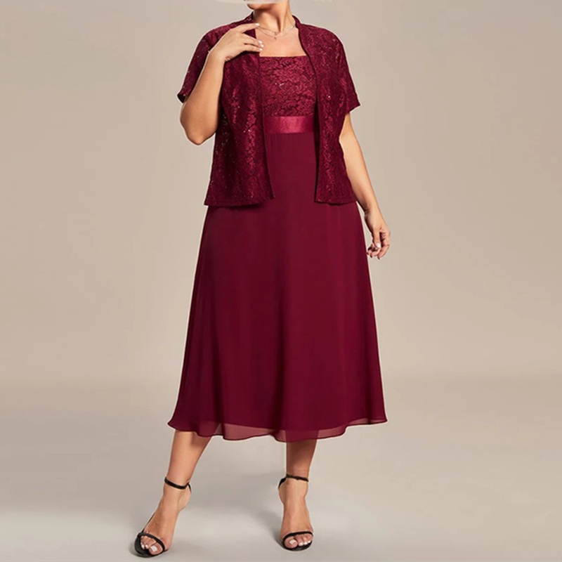 Elegant Tea Length Mother of the Bride Dresses With Lace Jacket 2024 Burgundy Chiffon Wedding Guest Dress A Line Plus Size Prom Formal Wear For Groom 