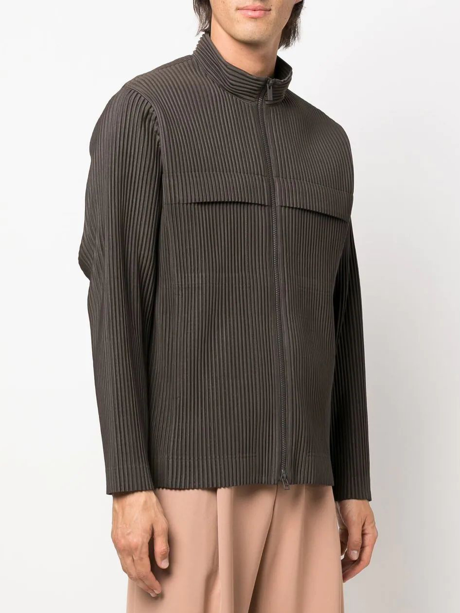 Miyake Pleated Men Jacket 2023 Spring New Solid Color Stand-up Collar Cardigan Zipper Coat
