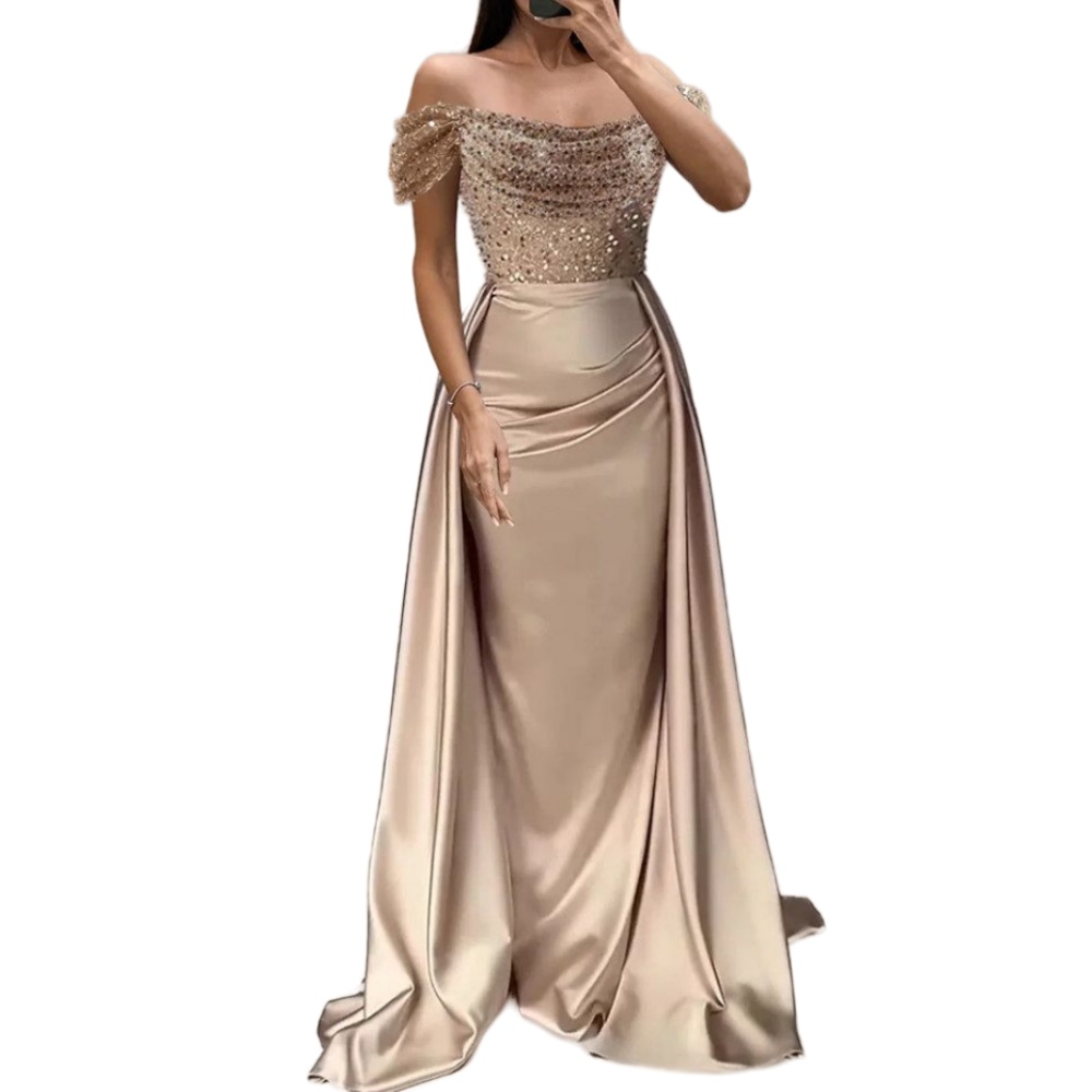 2024 Champagne Prom Dresses Off Shoulder Sequined Lace Appliques Beads Mermaid Long Overskirts Party Evening Gowns Plus Size Special Ocn Dress