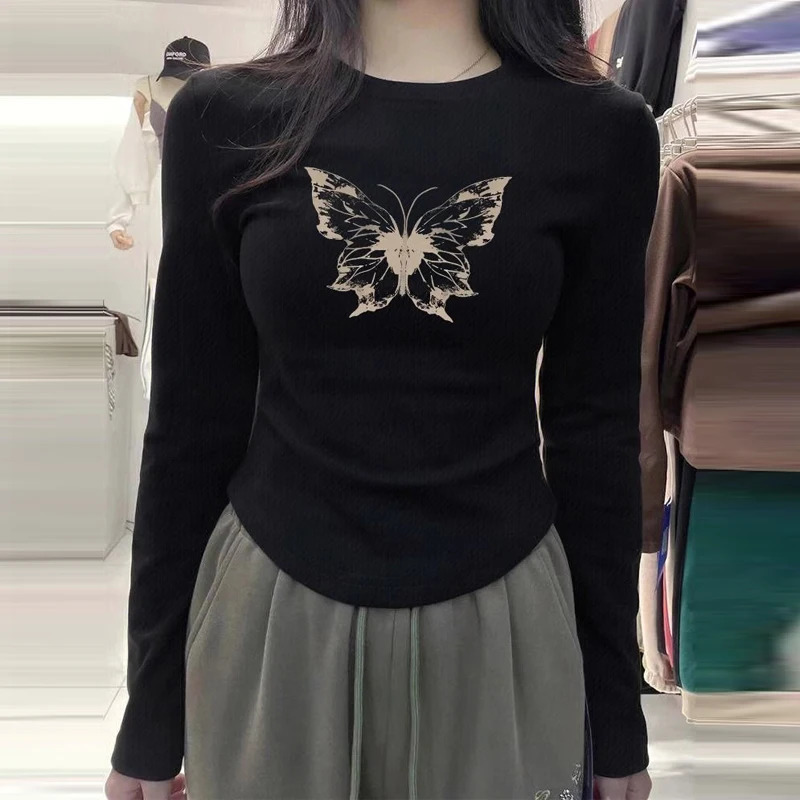 Autumn Winter Women Fashion Print Thick Skinny Sexy Short Tops Y2K Female Casual O Neck Long Sleeve Basic Tshirt 241108