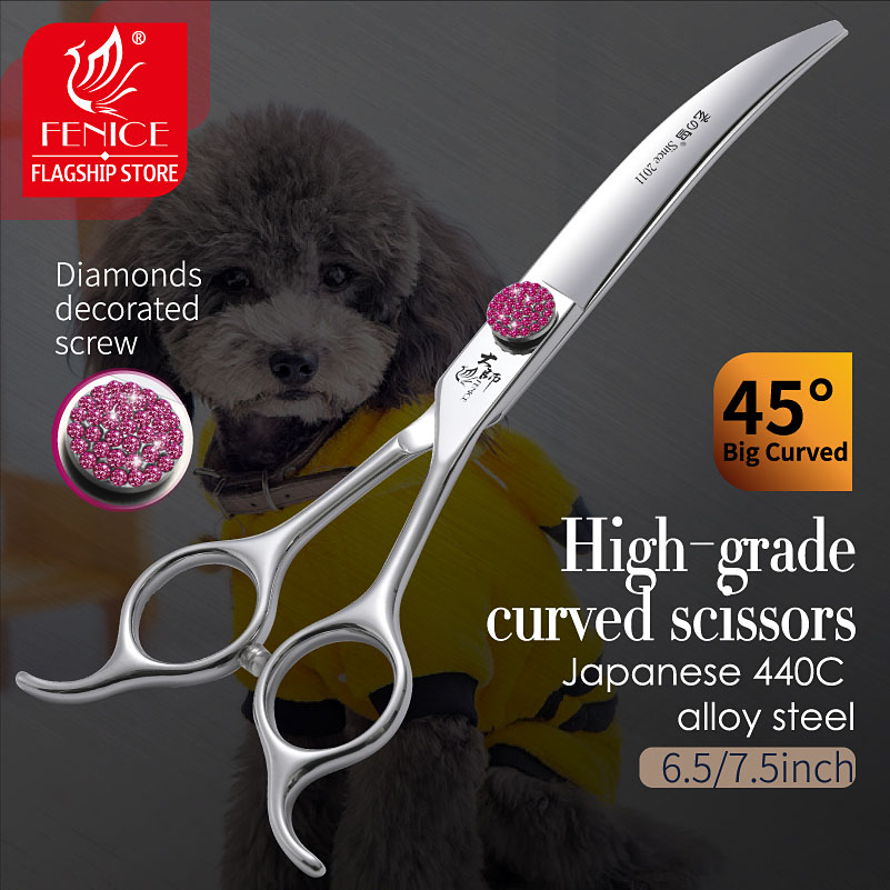 Fenice Pink Diamond Screw Pet Super Curved Scissors 45° 6.5/7.5inch Pet Dog Grooming Scissors Trimming Shear For Pet Beauticians