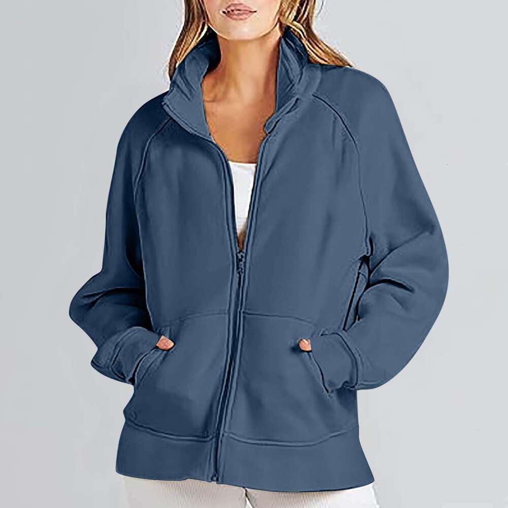 shanshi leather jacket women Autumn and Winter 2023 Pocket Insert Long Zipper Sports Sweater Women's Loose Casual Coat ()