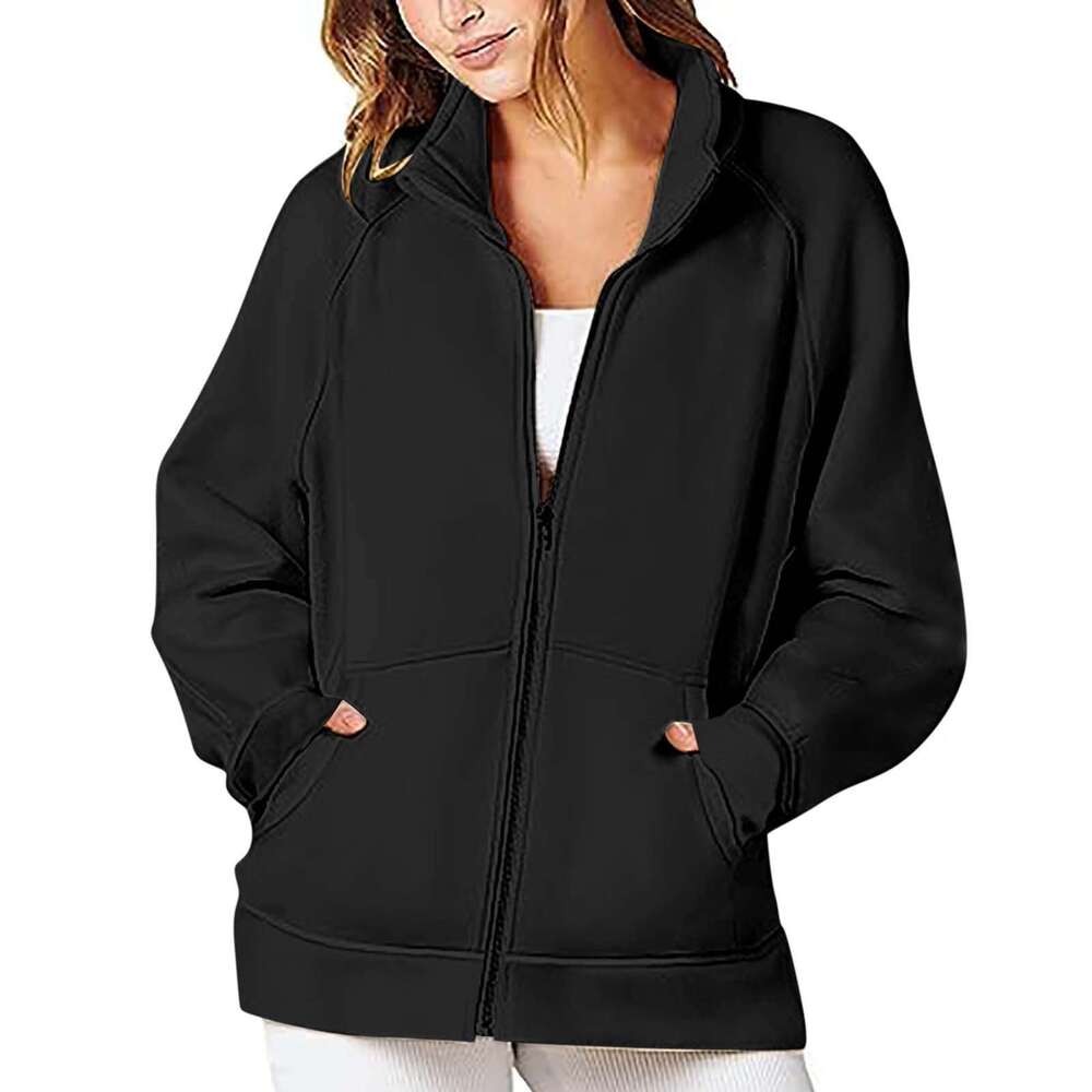 shanshi leather jacket women Autumn and Winter 2023 Pocket Insert Long Zipper Sports Sweater Women's Loose Casual Coat ()