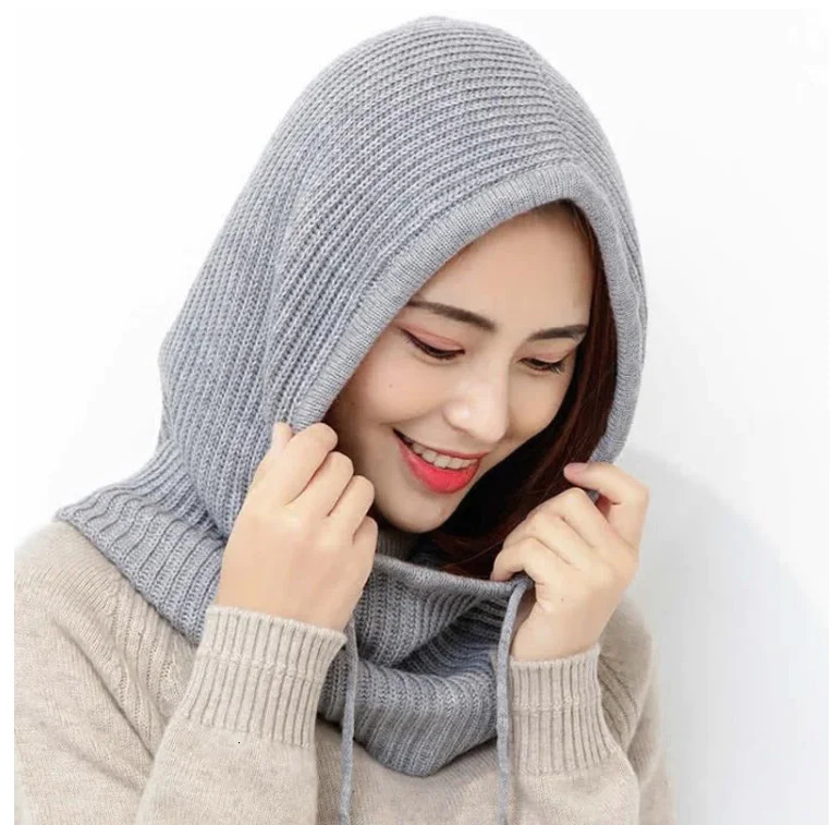 Cashmere Wool Hats Bib One Female Winter Thick Knitted Skullies Version Cap Women Earmuffs Collar Soft Warm Beanies Hooded Scarf 241108