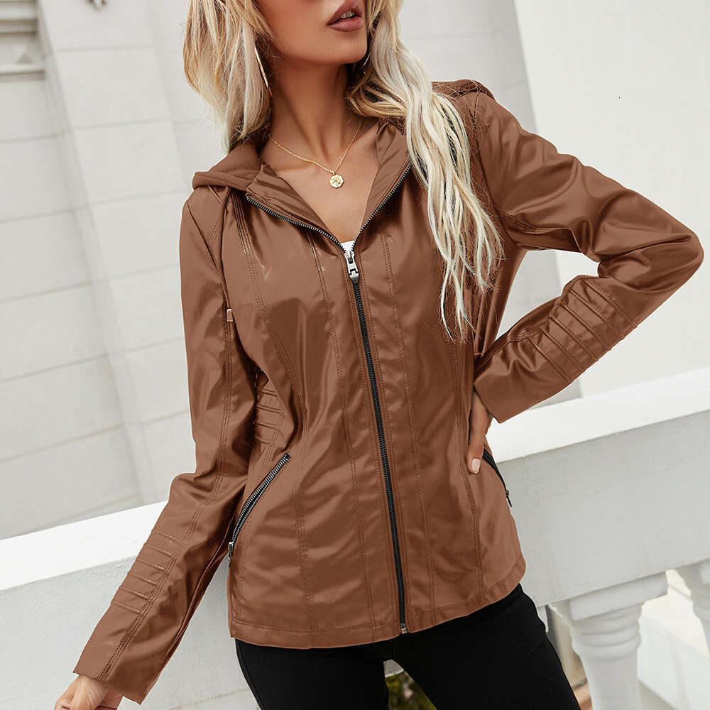 shanshi leather jacket women Hooded zipper long sleeved solid color women's leather jacket for women