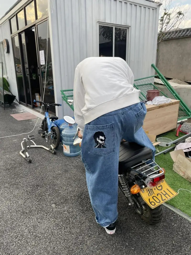 Korean fashion fashion print Y2k mens street retro hip-hop jeans casual straight wide leg mens jeans 241108