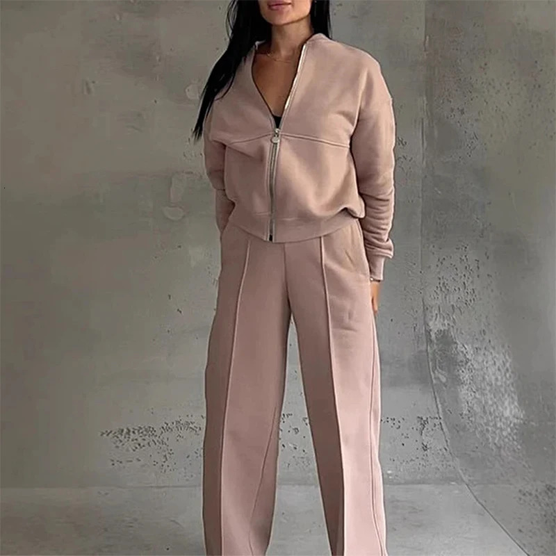 Autumn Winter Warm Two Piece Set Women Zipper Sweatshirt Coat Straight Pant Suit Outfit Casual Solid Sportswear Tracksuit 241111