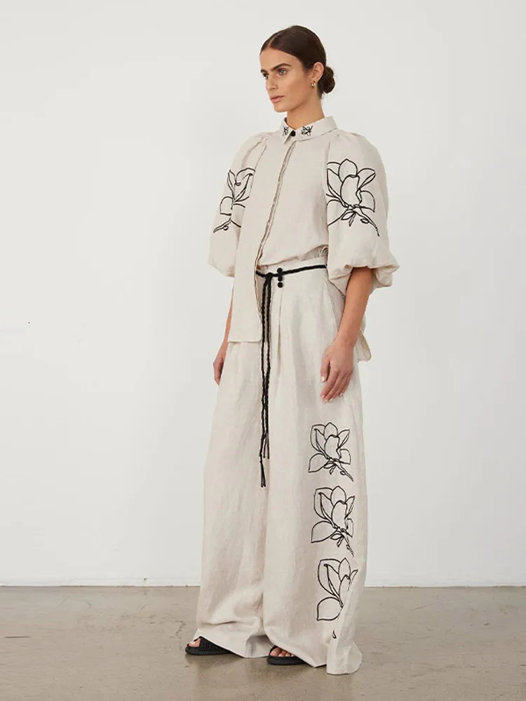 Fashion Cotton En Printed Pants Suit Women Retro Bubble Sleeve Lapel Shirt Pleated Wideleg Pant Spring Summer Suits 22