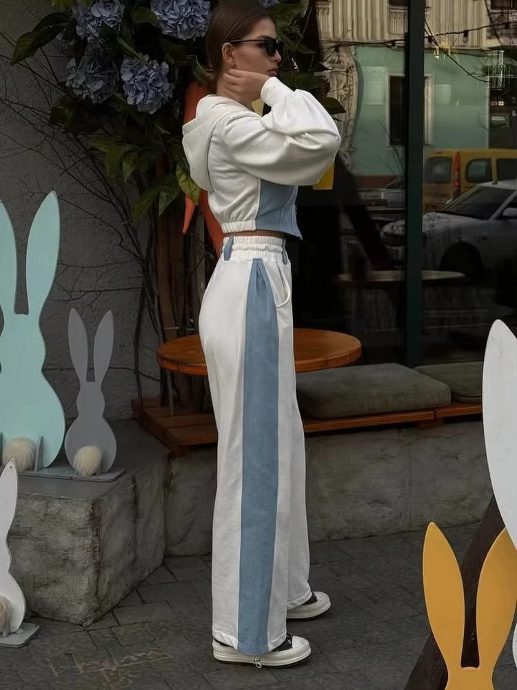 Fashion Patchwork Denim 2 Piece Sets Women Outfit Slim Hoodies Crop Top Wide Leg Sweatpants Suit Streetwear Casual Tracksuits 241111