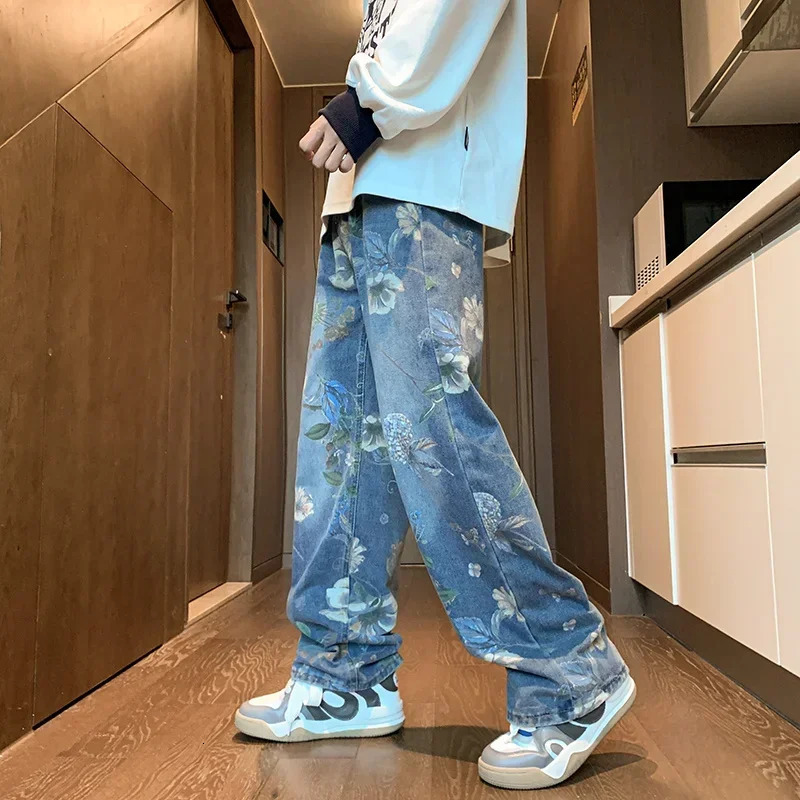 Autumn floral print mens jeans Y2K retro denim pants hip-hop fashion wide leg pocket jeans streetwear Trousers 241108