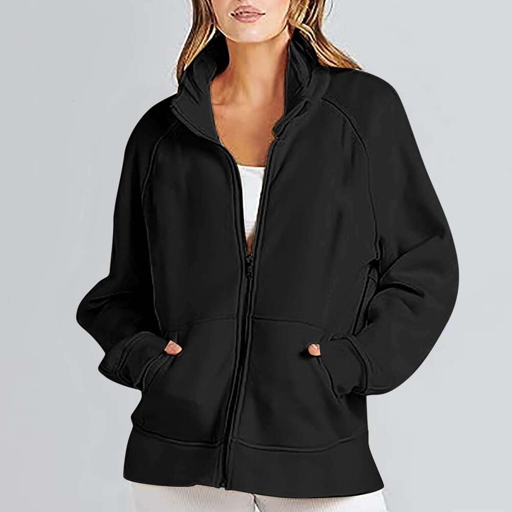 shanshi leather jacket women Autumn and Winter 2023 Pocket Insert Long Zipper Sports Sweater Women's Loose Casual Coat ()