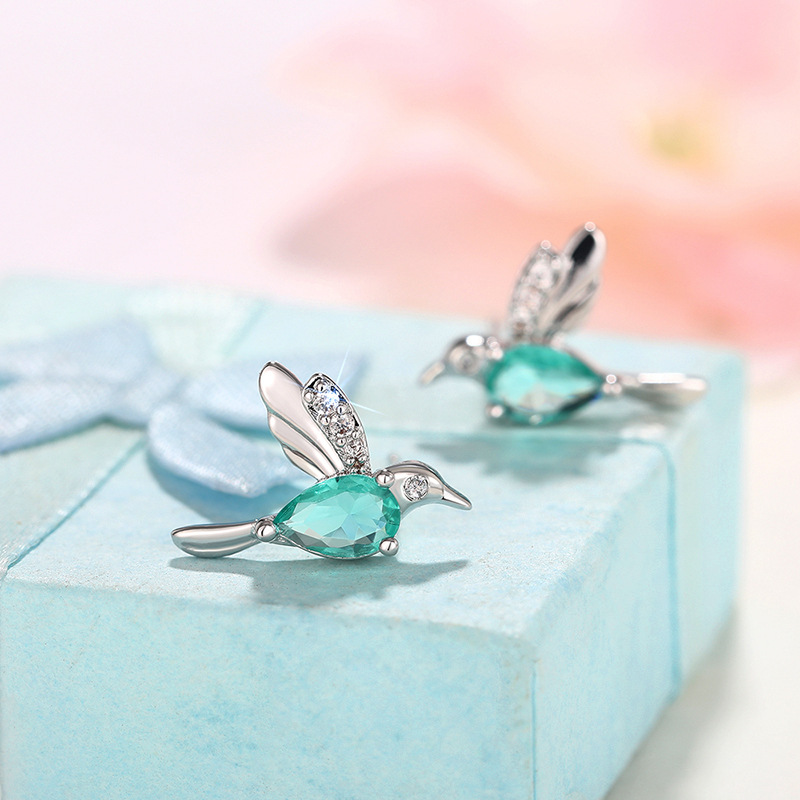 Earrings s925 sterling silver simple hummingbird Stud women light green teardrop-shaped diamond Stud earrings white crystal party Stud luxury jewelry