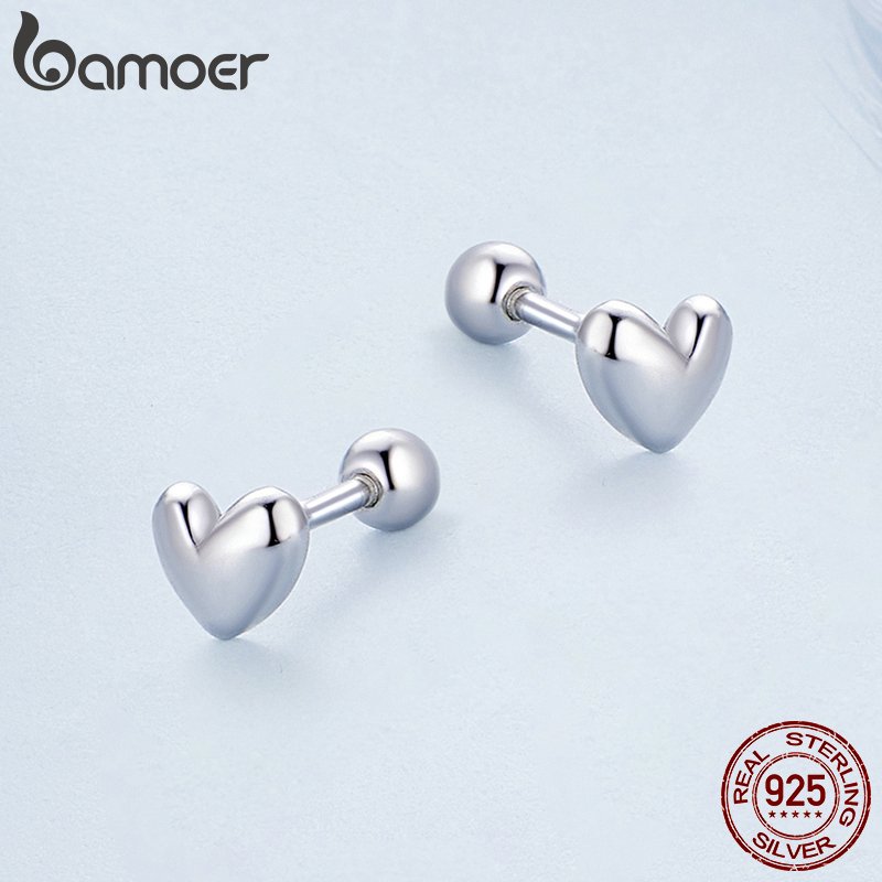 Bamoer 925 Sterling Silver Mini Heart Stud Earrings Platinum Plated Simple Earrings for Women Sweet Fine Jewelry Gift