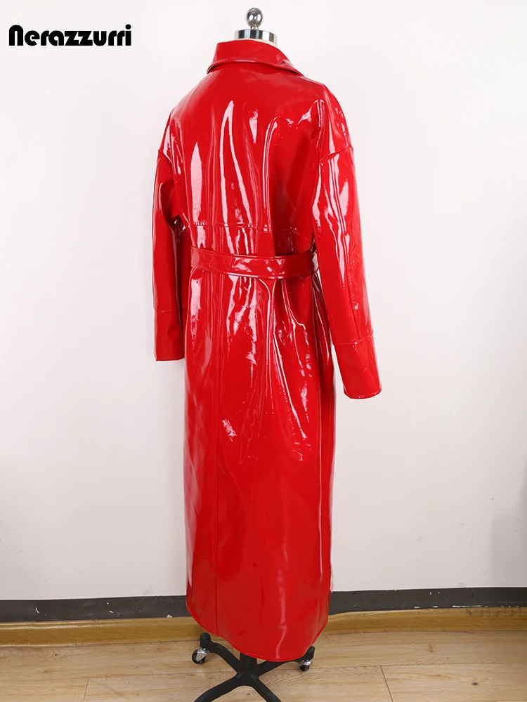 Blue and Black Legion Spring and Autumn Long Gloss Reflective Red Artificial Patent Leather Trench Coat Womens Loose Casual Runway Fashion 241107