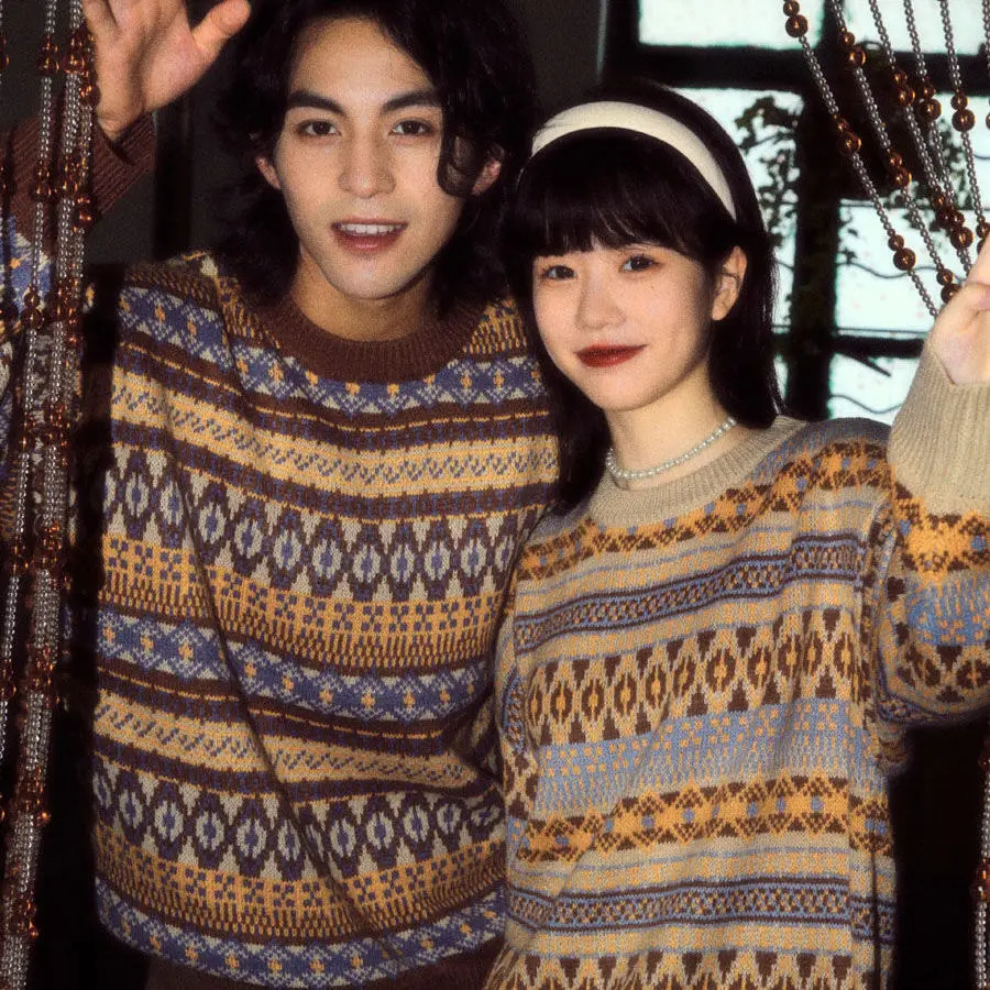 Contrasting Color Lazy Style Loose Couple Jacquard Knitted Sweater Retro Causal High Street Sweaters Jacket Men Women Pullovers 241111