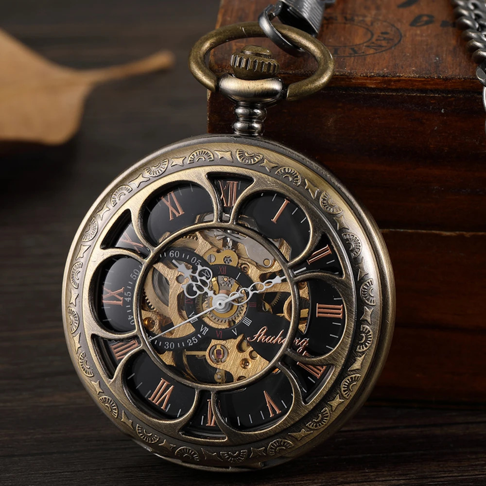 Roman numeral mechanical pocket watch carved silver case steampunk skeleton watch mens Fob chain watch 241108