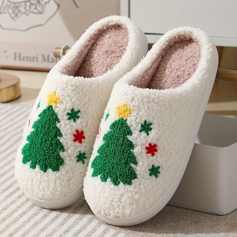 Christmas Winter Warm Closed Toe Fuzzy Christmas Tree Pattern Slippers, Cozy Soft Sole Plush Home Flat or Shoes