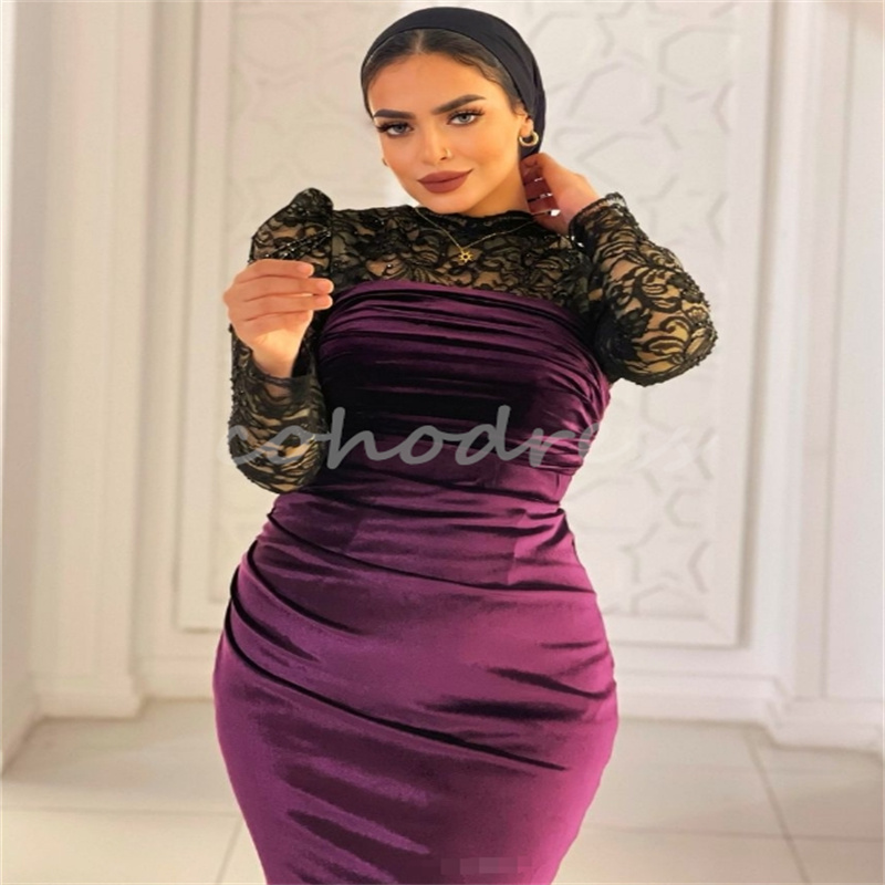 Black And Purple Mermaid Evening Dress Saudi Arabic Plus Size Lace Prom Dress Elegant Long Sleeve Birthday Occasion Formla Party Gowns Vestio De Viest