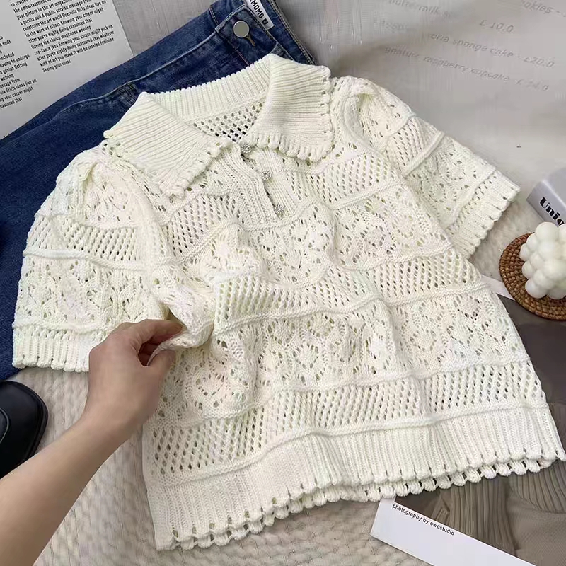 Korean 2023 Summer Hollow Out White Turn-down Collar Women Female Short Sleeve Top Casual Pullover Knit Crochet Clothes Simple