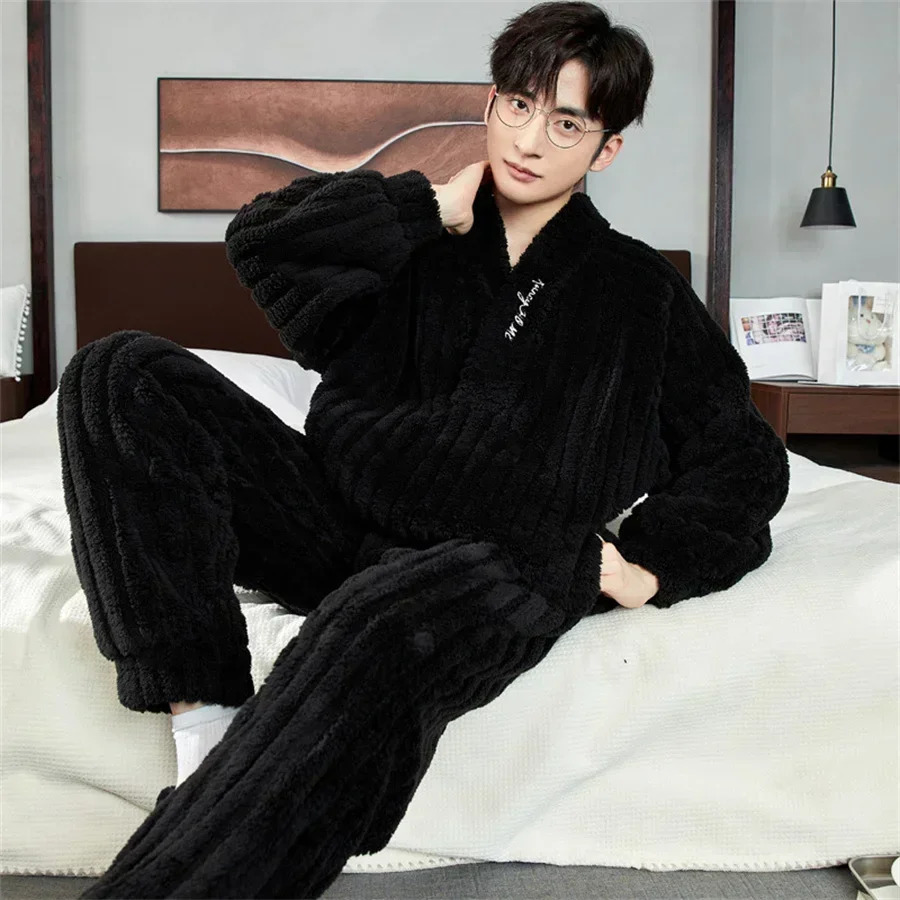 Winter Warm Coral Fleece Men Pajamas Set Fluffy Tops Long Pants Sleepwear for Sleeping 2 Piece Homewear Loungewear 241111
