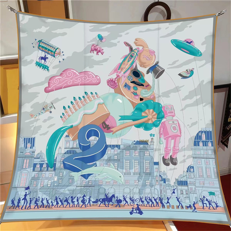 Silk Scarf Women Balloon Splicing Horse Printing Square Scarves Head Echarpes Silk Foulards Fashion Femme Wraps Beach Shawls Bandana Lady Hijabs 90CM X 90CM