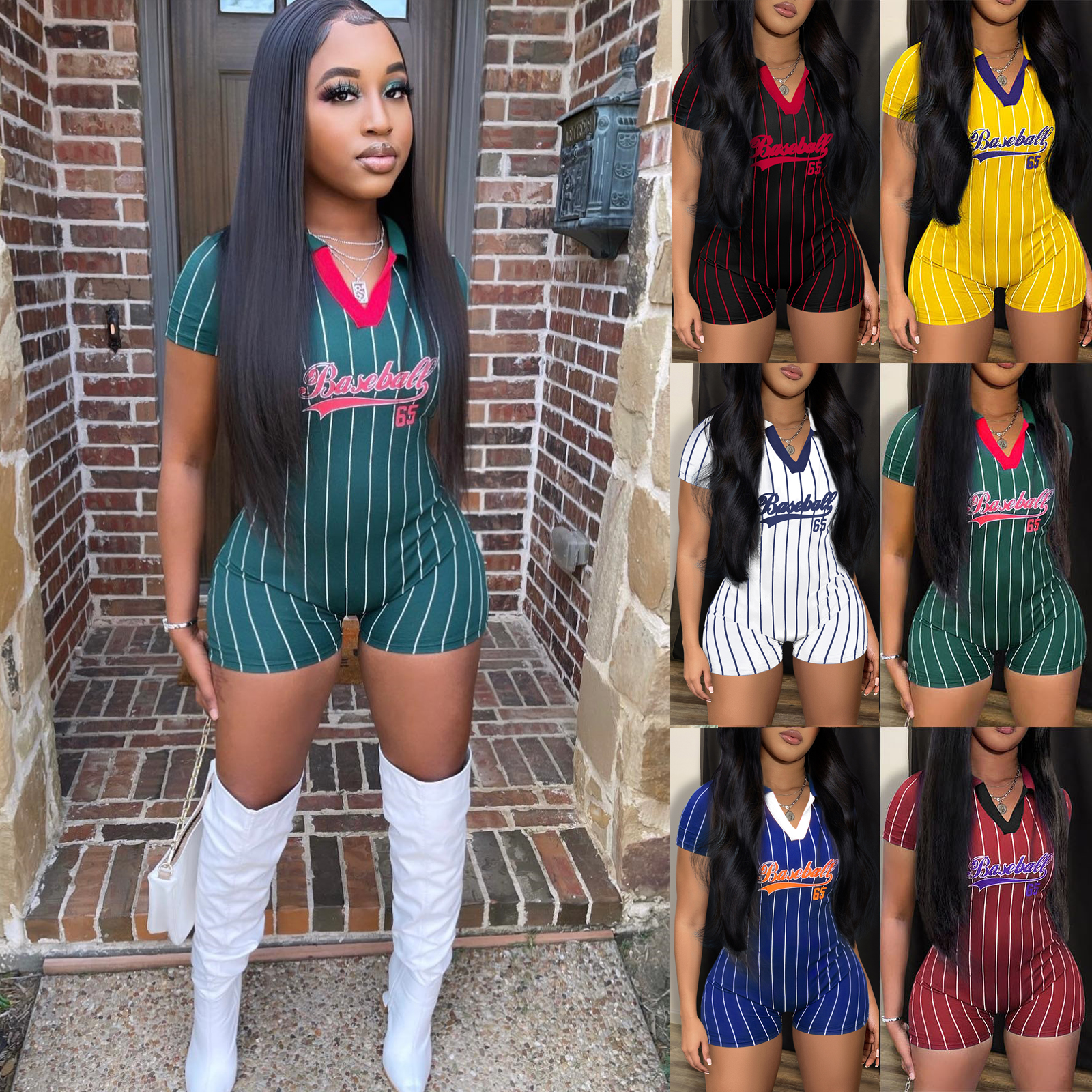 Echoine Womens New Baseball Letter Print Playsuit Summer Sports Rompers Sexy V Neck One Piece Set Tight Shorts Jumpsuit Outfit