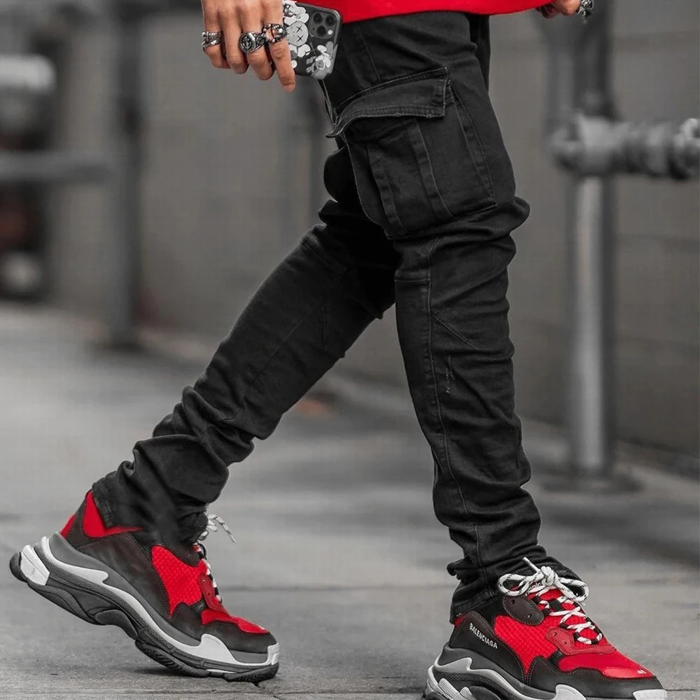 Street Elastic Jeans Men Denim Cargo Pants Wash Solid Color Multi Pockets Casual Mid Waist Trousers Slim Fit Daily Wear Joggers 241111